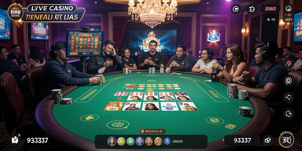 Screenshot permainan 93337 menampilkan dealer langsung dan permainan kasino yang mendebarkan.